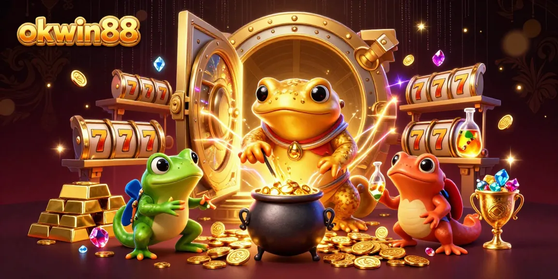 A dynamic scene showcasing okwin88 with a golden salamander alchemist, slot reels, and gold coins for ultimate gaming!