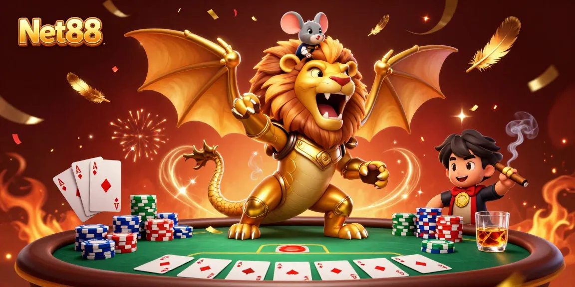 Win big with Net88 as the chimera creature roars triumphantly amidst poker chips and cards.