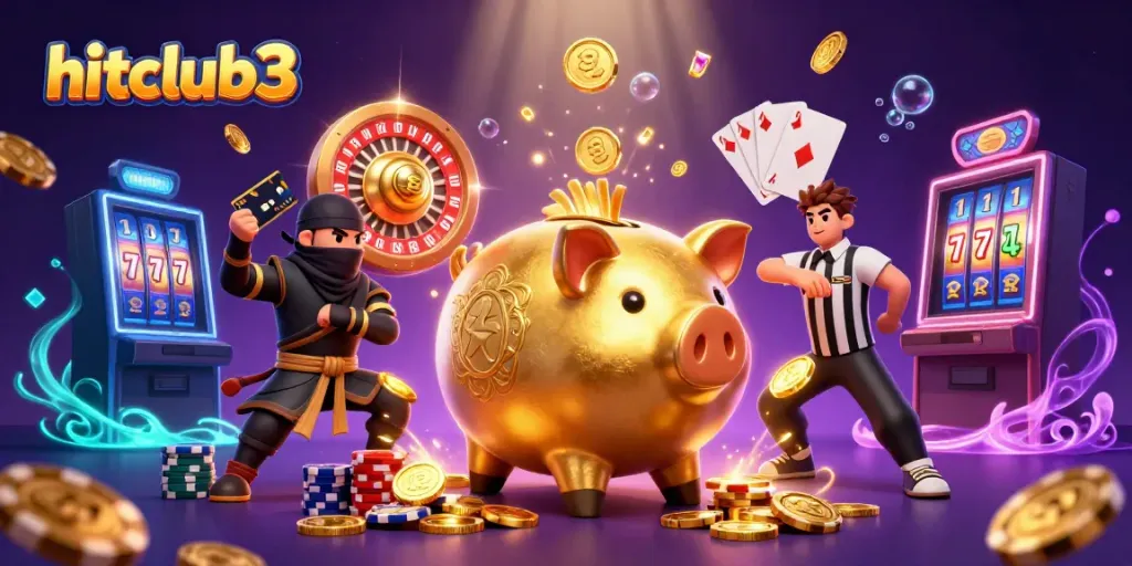 Engage with hitclub3's dynamic gaming scene featuring a golden piggy bank wrestler and vivid casino elements.