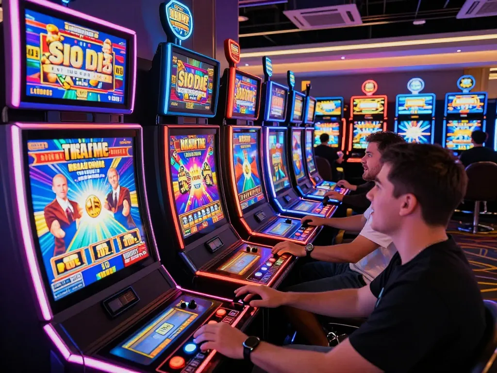 Players celebrating wins at situs slot gacor in a bustling online casino environment