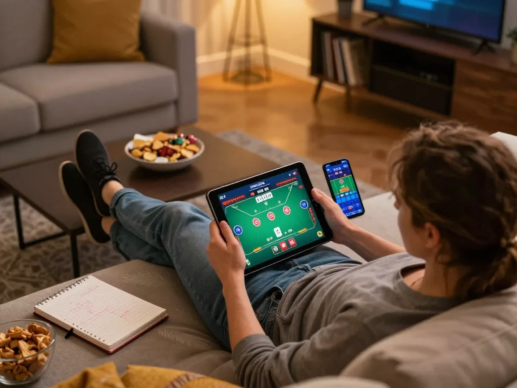 Kuwin player strategizing poker moves on tablet in a cozy home setup