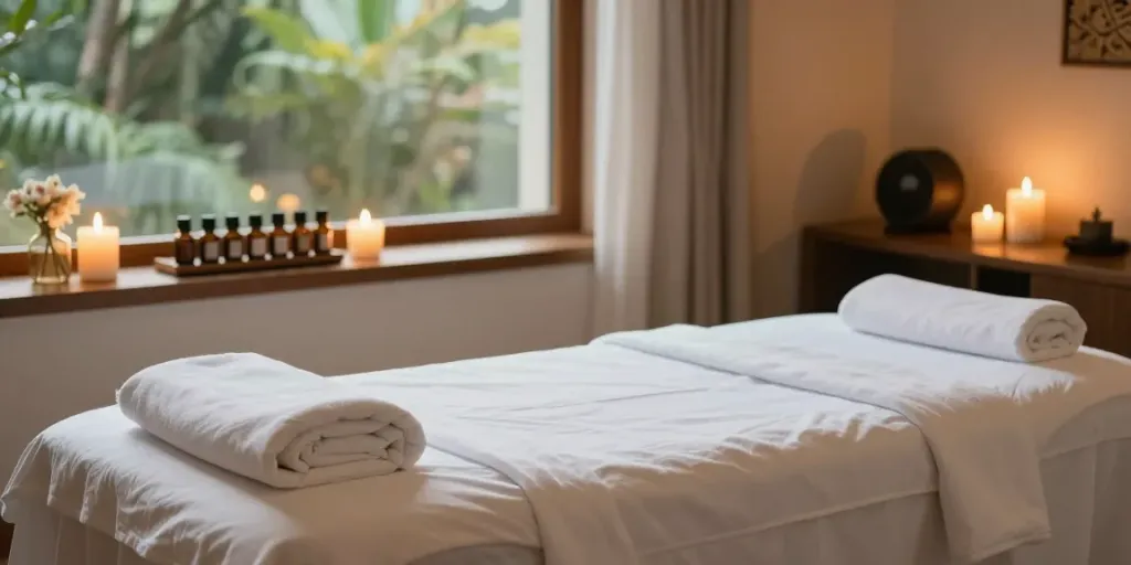 도봉구출장안마 massage room inviting peace and relaxation with soft lights and essential oils