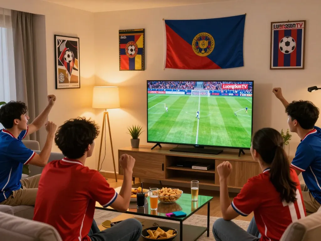 Fans enjoying a live LuongSonTV match in a lively living room.