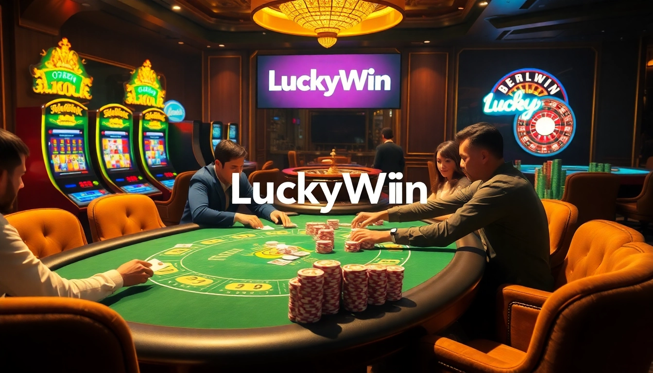 Players enjoying a thrilling game at LuckyWin's high-stakes poker table amid exciting casino ambiance.