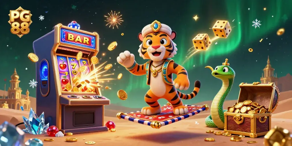 Play exciting PG 88 casino games with a vibrant 3D illustration of a sultan and jackpot-filled slots.