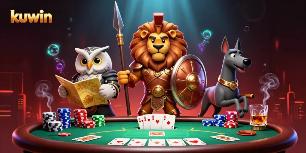 Kuwin's powerful online gambling scene featuring a Spartan lion, owl strategist, and greyhound amidst poker elements.