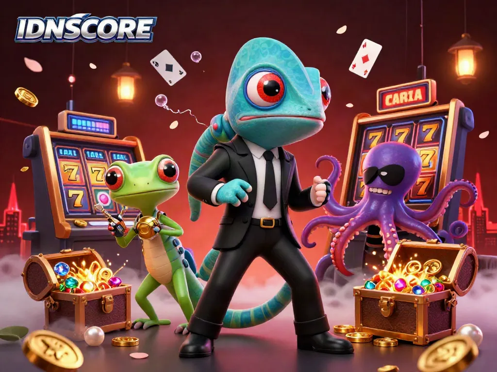 IDNSCORE brings you vibrant casino action with dynamic 3D illustration featuring chameleon, gecko, and octopus.