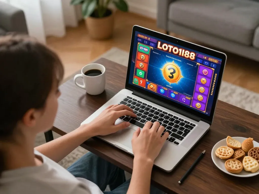 Engaging in LOTO188 LINK MỚI online gaming experience with laptop in cozy home