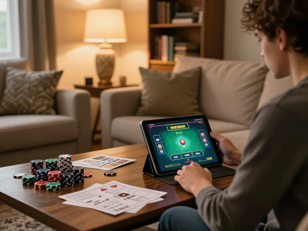 Engaging online gaming experience at home with mb66-t tablet interface and poker strategy notes.