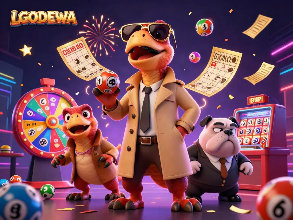Experience LGODEWA with raptors in disguise at a casino, surrounded by lottery balls and a vibrant atmosphere.