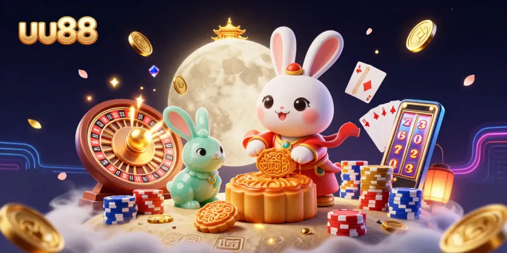 uu88 casino-themed illustration with a moon rabbit and poker chips bursting from mooncakes