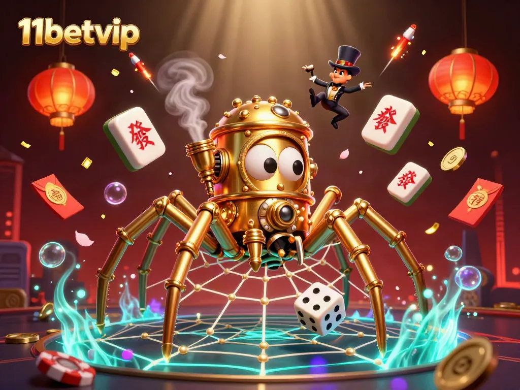 In a lively scene, 11betvip's cartoon spiders catch dice in a vibrant web decorated with casino symbols.