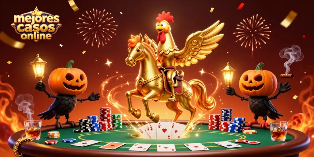 Explora los mejores casinos online mientras juegas con un gallo dorado en un casino mágico.