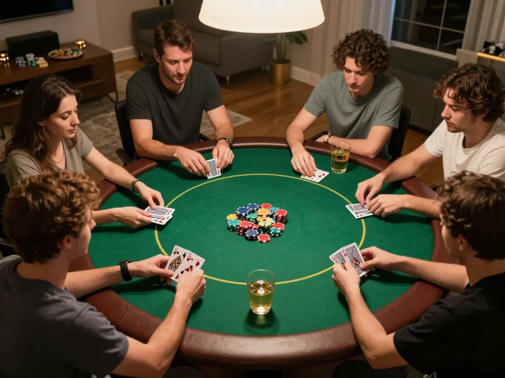 Players at a home game night enjoying poker, highlighting the social experience with lv88p for strategic gameplay