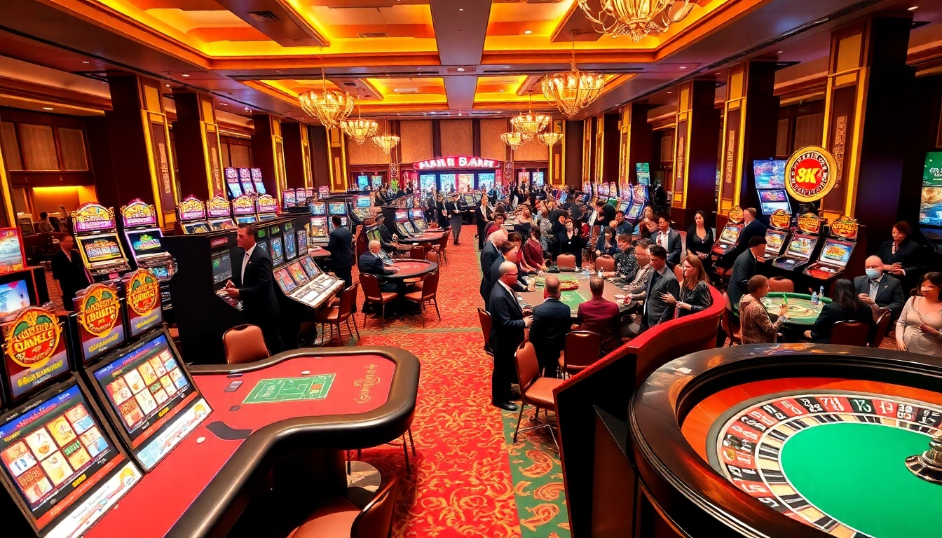 Engaging casino experience at 8kbet with vibrant slot machines and professional dealers.
