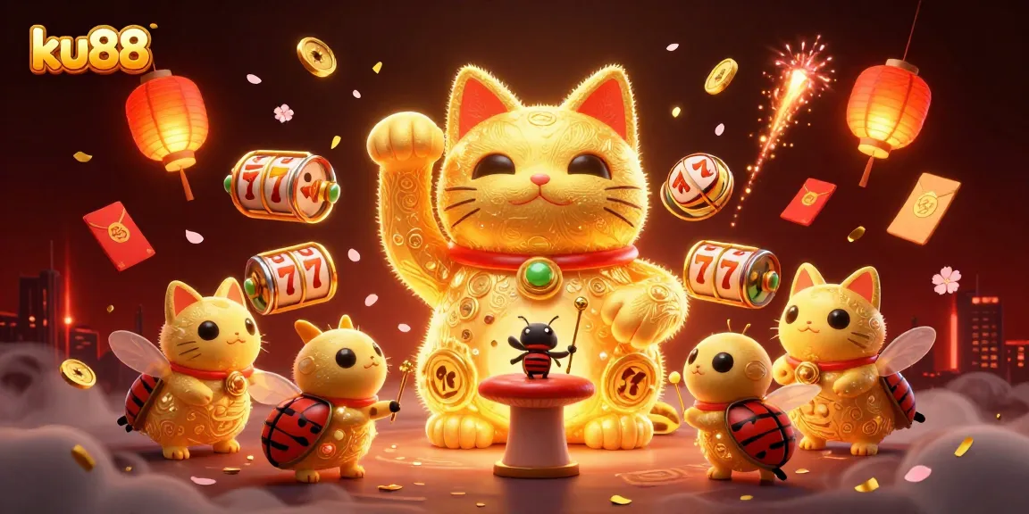 Experience the vibrant casino scene of ku88 with a lucky cat and dynamic gaming elements.