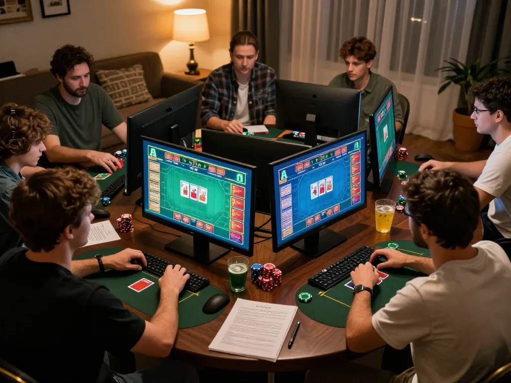 Players engaged in a strategic online poker game session using sc88, surrounded by betting notes and drinks.