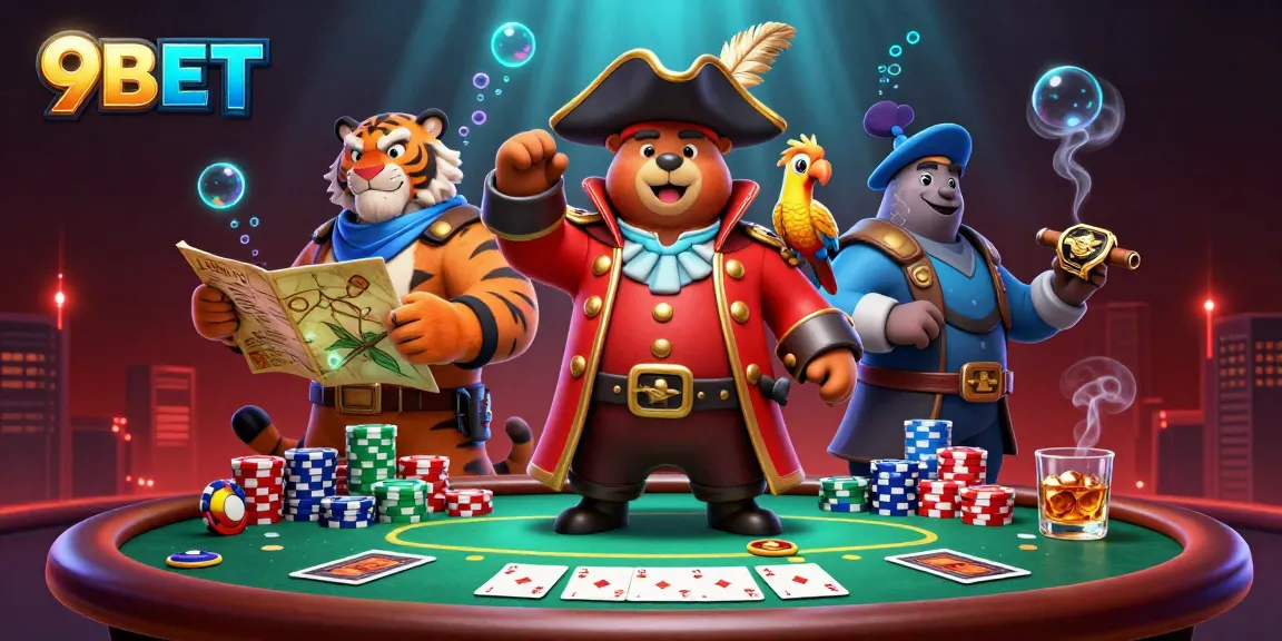 Engage with 9BET on this vibrant 3D illustration featuring a pirate bear and poker scene.