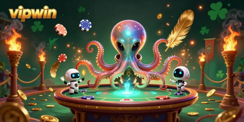Experience the thrilling gameplay of vipwin with an alien octopus at a holographic poker table, showcasing a vibrant casino atmosphere.