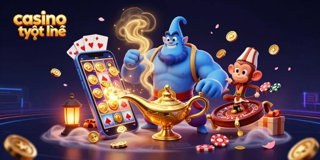 Tham gia casino trực tuyến với hình ảnh phong phú thể hiện slot game và biểu tượng may mắn.