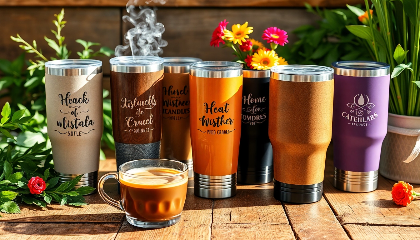 Shop elegant tumblers decorated with unique designs on a wooden table surrounded by greenery.