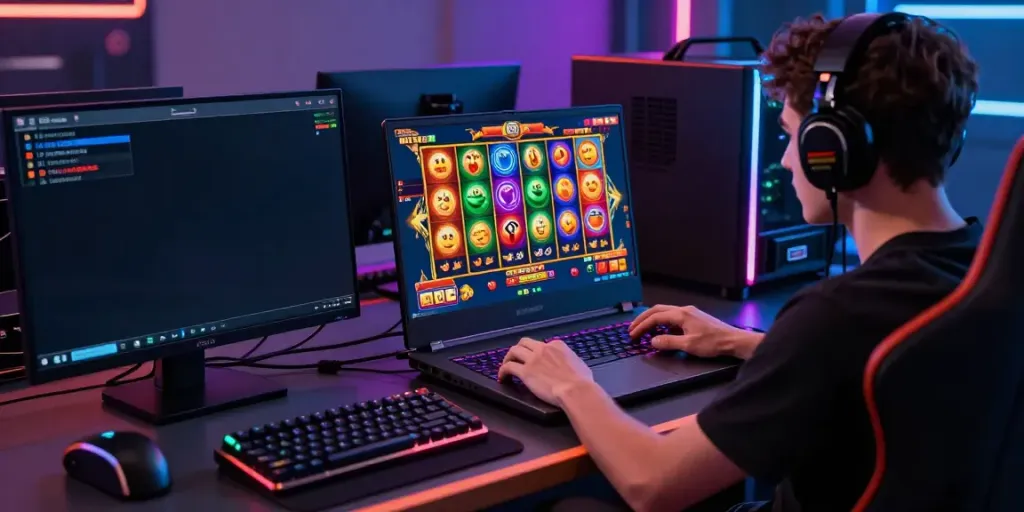 Player enjoying an intense slot game on QQMacan link in a modern gaming setup with vibrant colors.