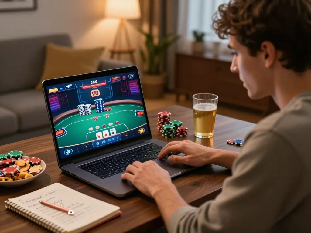 Player enjoying an exciting poker game on GK88 platform in a cozy home setting, showcasing strategic betting.