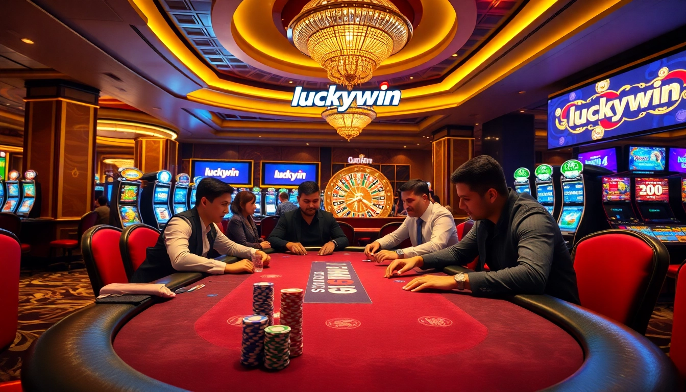 Experience the thrill of winning at luckywin's vibrant casino atmosphere filled with poker and slot machines.