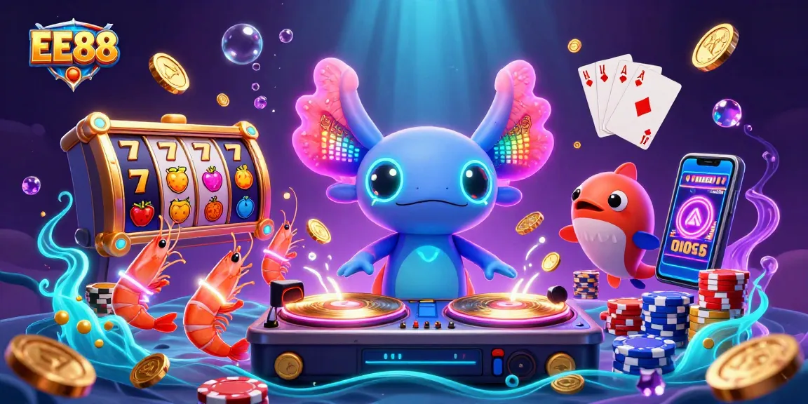 Experience thrilling wins with EE88 in this vibrant 3D casino scene showcasing slot games and lively characters.