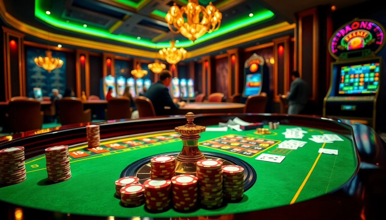 Engaging scene of Nhà cái LUCK8 players enjoying poker and roulette at a luxurious casino.