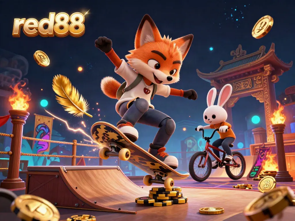 Experience the excitement of red88 with vibrant casino symbols and animated characters in a dynamic, engaging casino-themed illustration.
