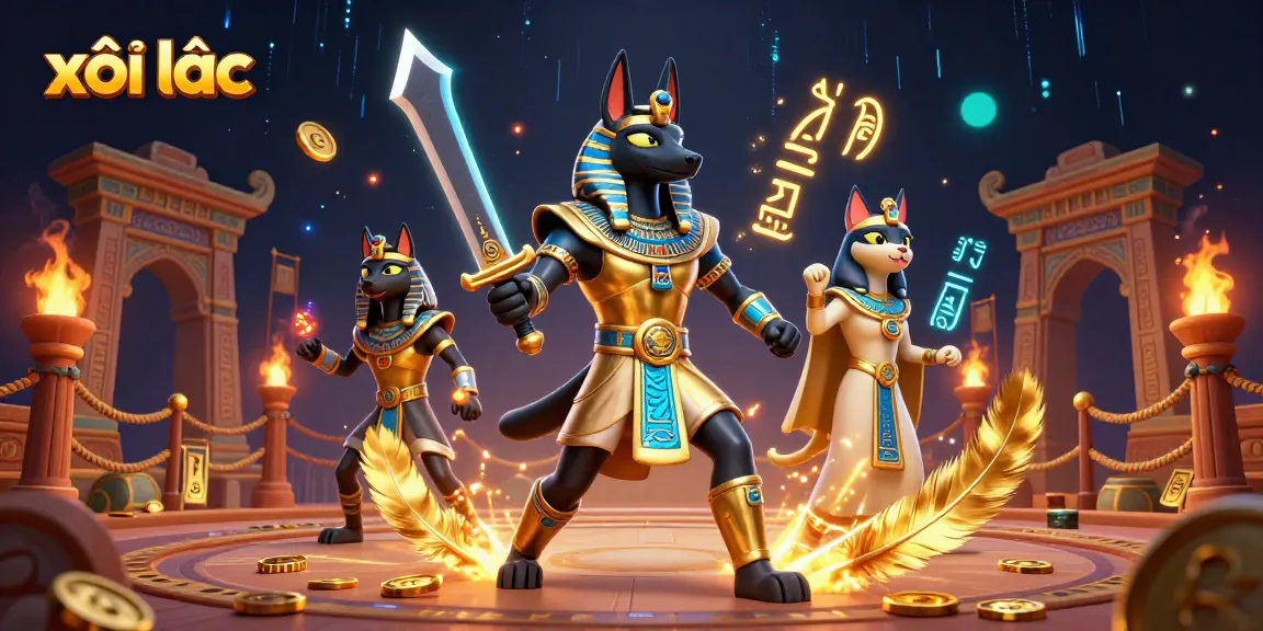 Experience xôi lạc gameplay with golden armor, glowing hieroglyphs, and betting elements in a vibrant, dynamic scene.