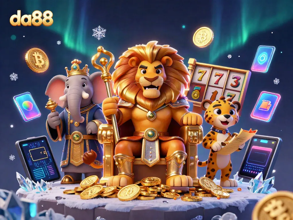 Join the lion king at da88 as he reigns over a jackpot throne surrounded by vibrant casino elements.