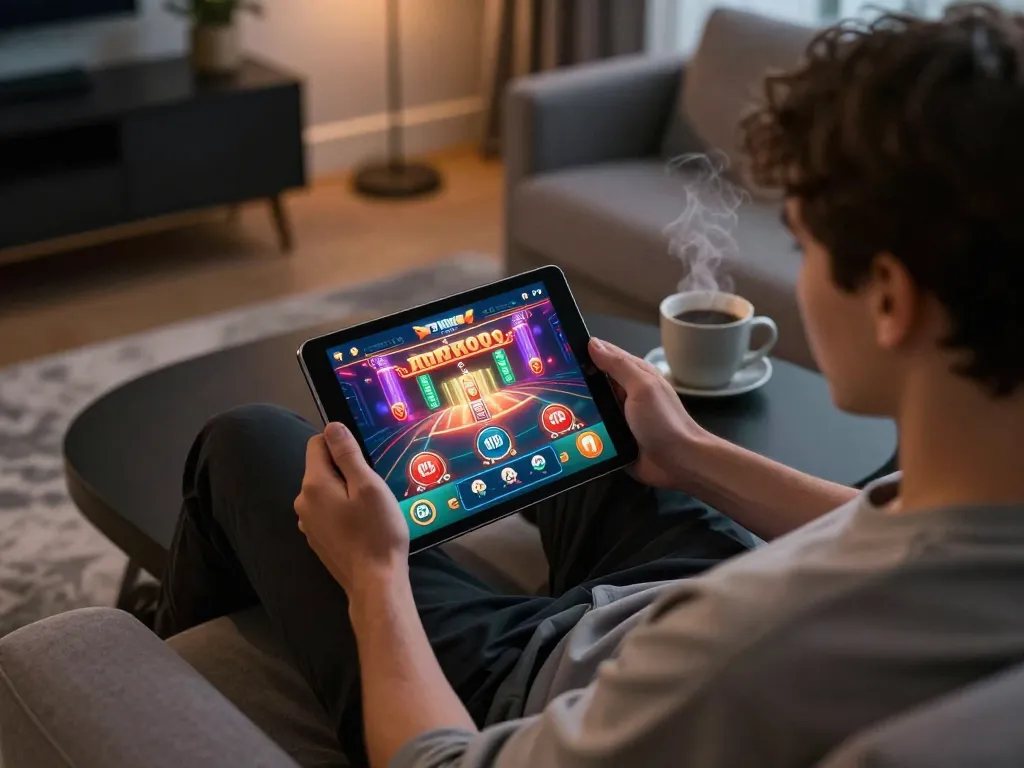 Player engaging with 79king app on tablet for online casino gaming, thriving atmosphere