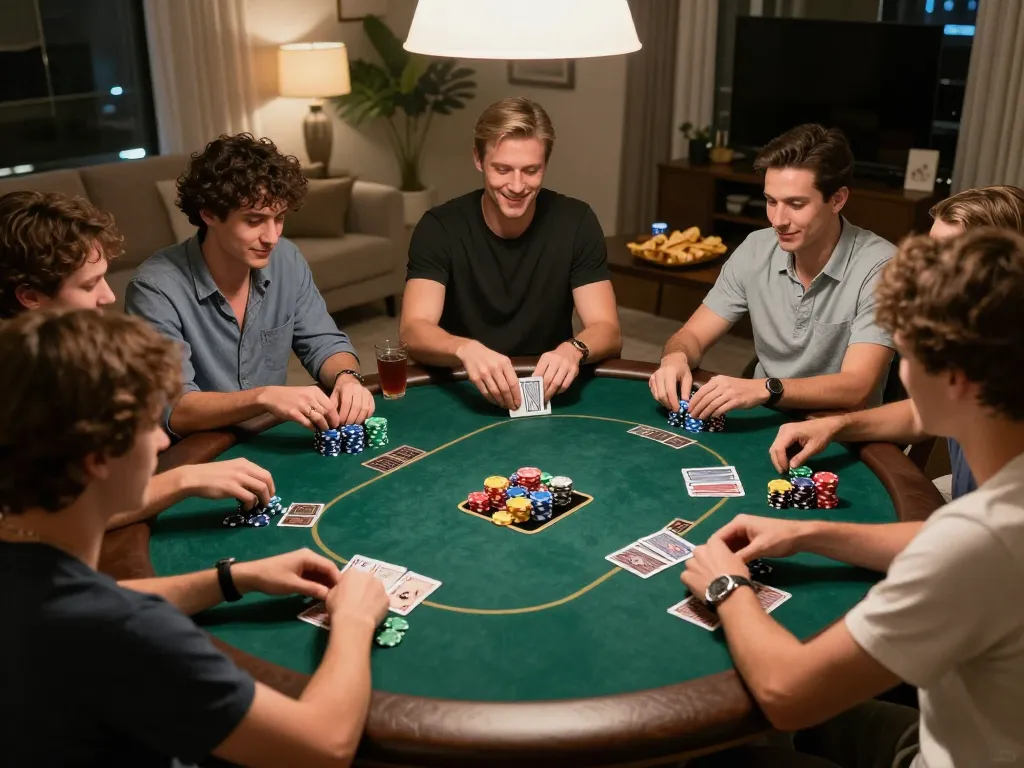 Friends enjoy a lively game night at home with CM88, showcasing poker strategy and camaraderie.