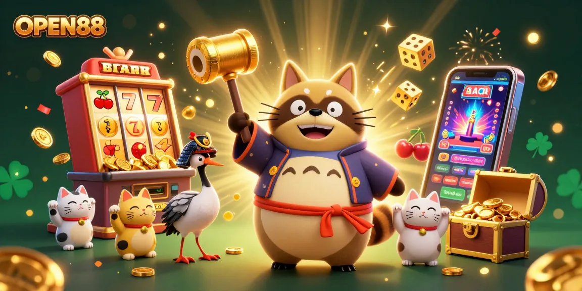 Spin the reels at OPEN88 with a joyful tanuki and a lucky atmosphere, celebrating casino excitement.