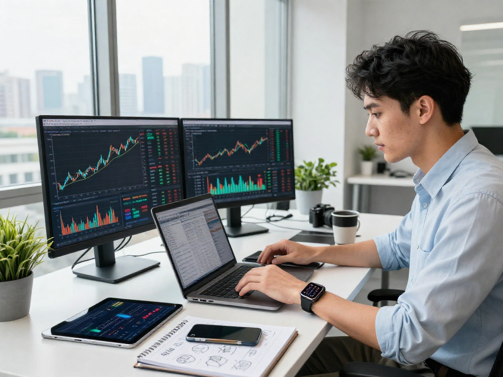 Professional analyzing debet financial data in a modern workspace with multiple tech devices and reports.