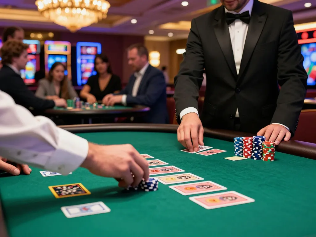 Players at the blackjack table strategically betting in rokok 88-themed casino setting.