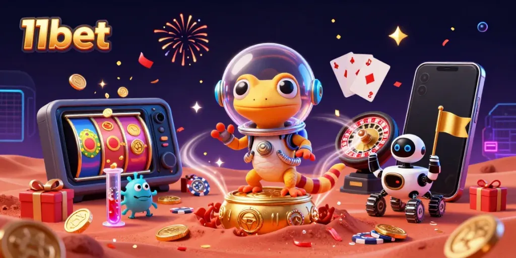 11bet showcases an engaging scene of a Martian gecko exploring a golden casino, illustrating vibrant online gambling excitement.