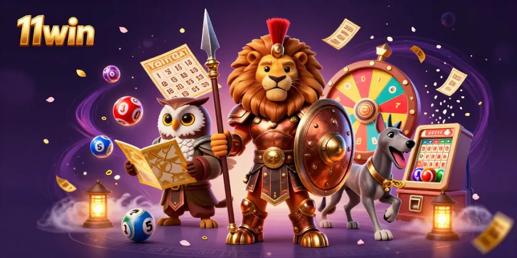 Experience thrilling games with 11win in this vibrant illustration showcasing exciting lottery elements and characters.