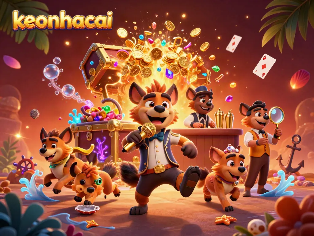 Engage with lively keonhacai scene featuring hyenas running a comedy casino, rich with gold coins.