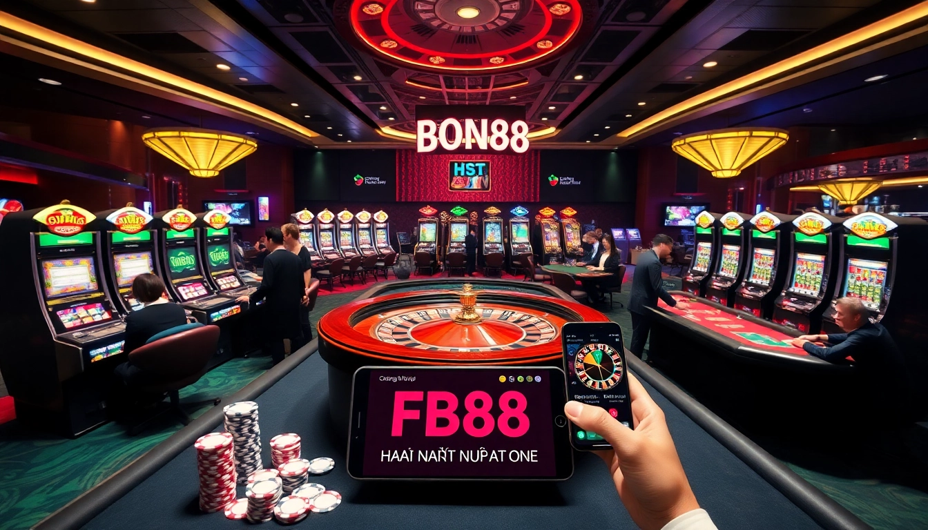Experience the thrill of Đăng Nhập FB88 in a luxurious casino setting with vibrant games and players.