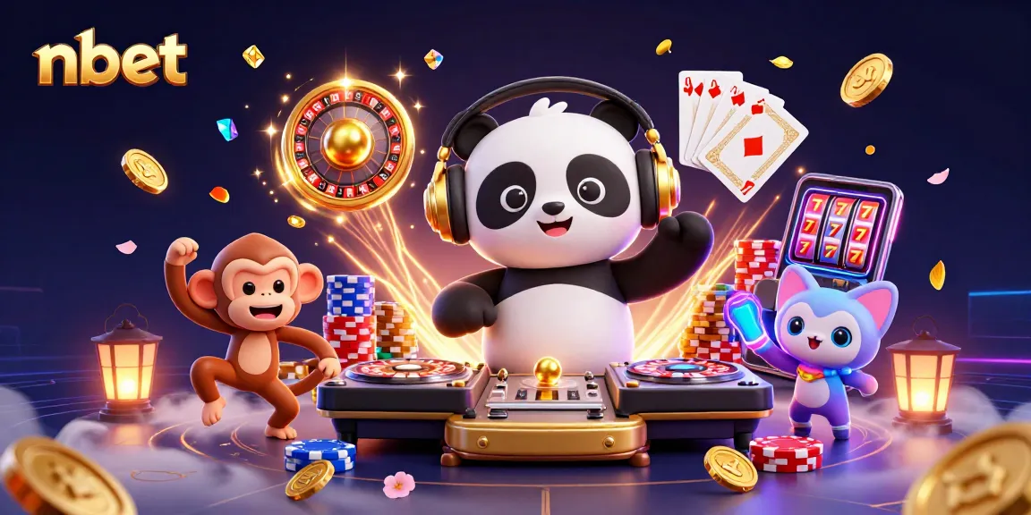 Engage with nbet's vibrant casino scene featuring a DJ panda, dancing monkey, and glow-stick kitten.