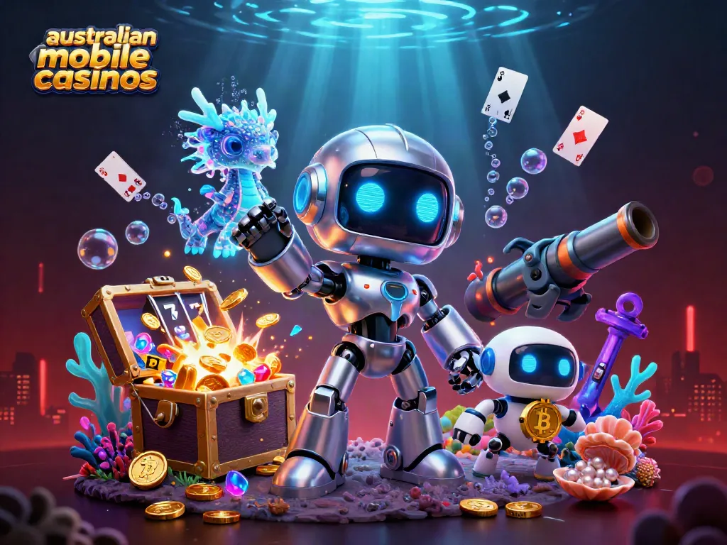 Experience vibrant australian mobile casinos with a dynamic scene featuring a cyberpunk robot and exciting gaming elements.