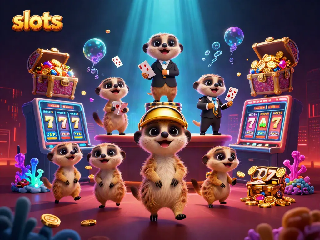 Experience the thrilling world of slots with cartoon meerkats in a vibrant casino scene.