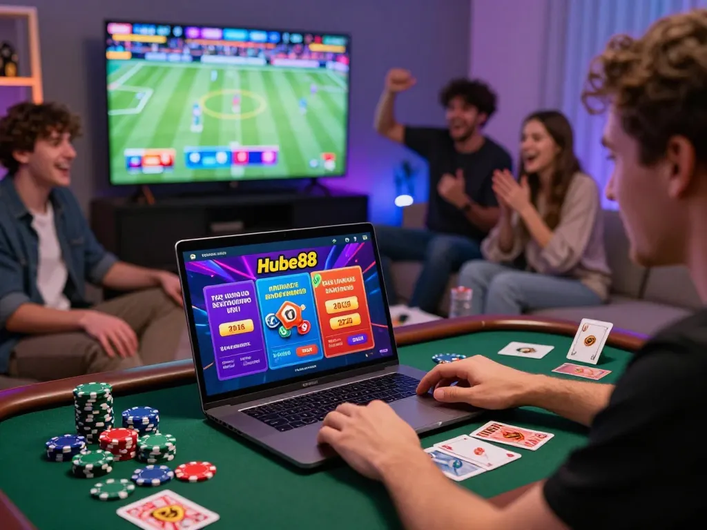 TIN TỨC hubet88 online gambling scene with enthusiastic player engaging with promotions and live events.