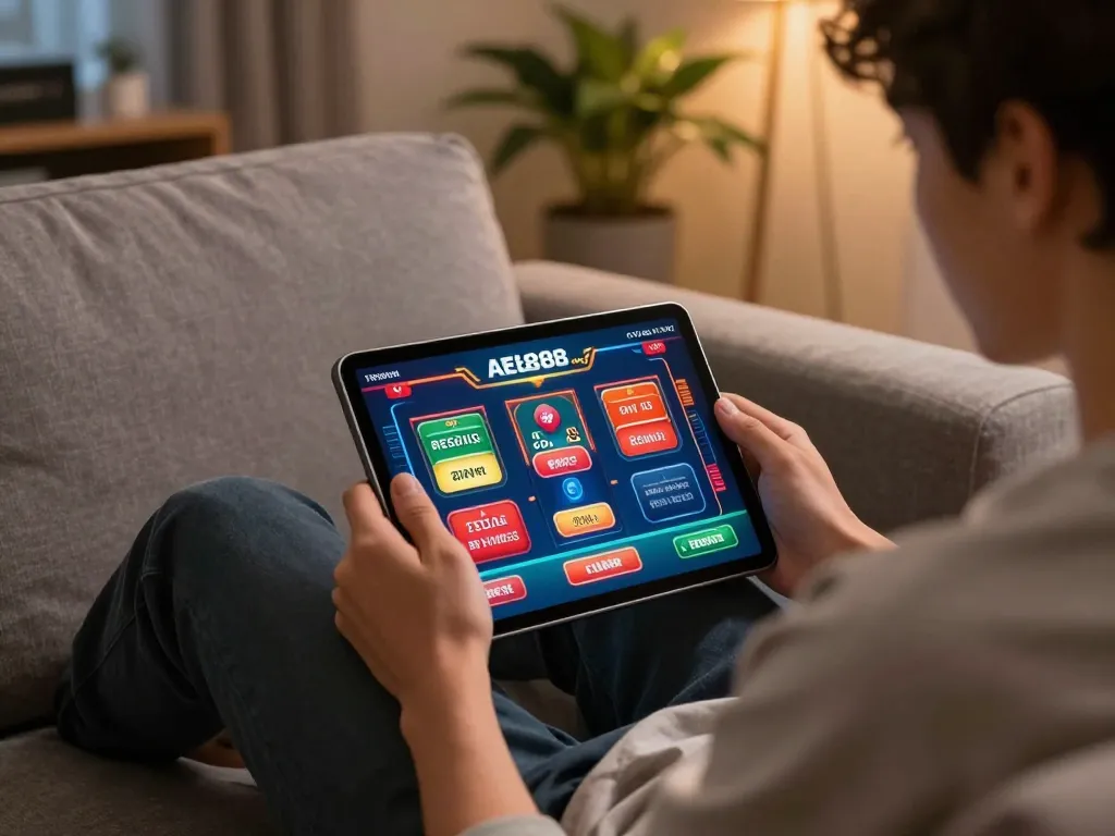 Engaging users with AE888 COM on tablet while enjoying online gambling in a cozy setting