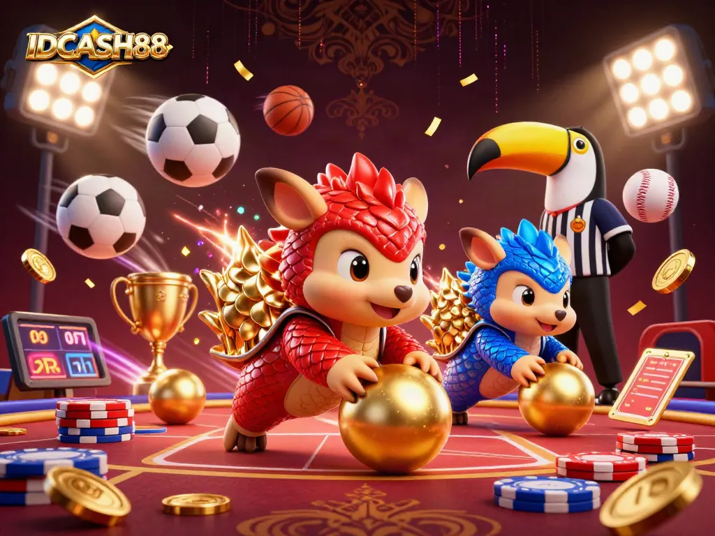 Watch the rival pangolins at IDCASH88 roll golden balls in an exciting casino showdown.
