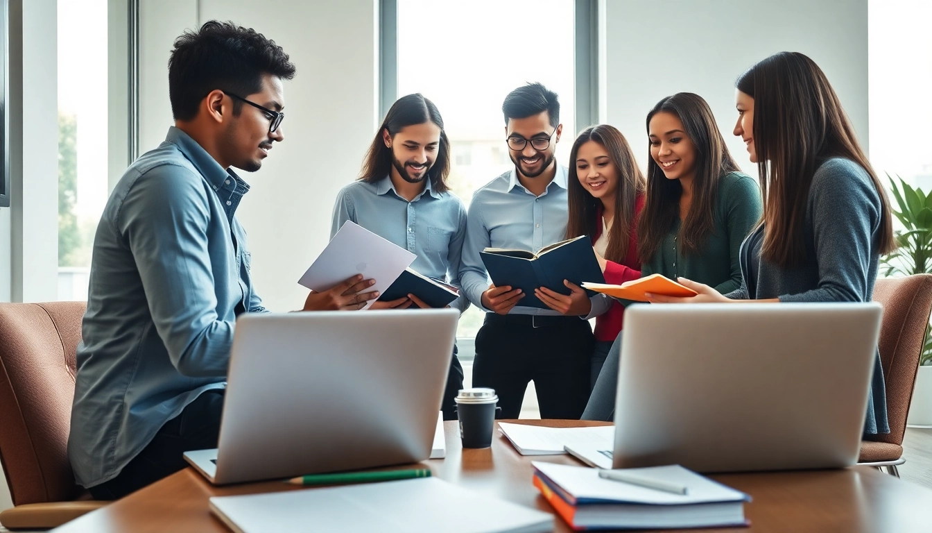 Group of TOEFL test takers for hire collaborating in a bright office setting.