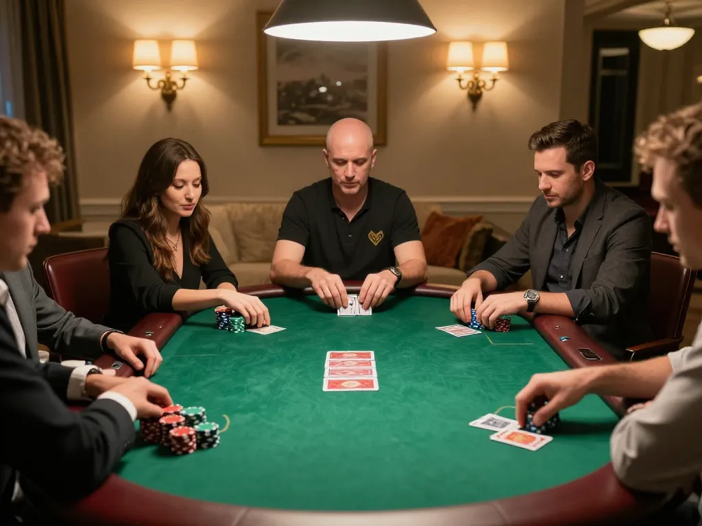 Experience thrilling poker action at 789 with engaged players and classic green felt table.